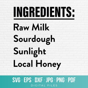 Pode incluir: Um design digital com a palavra "INGREDIENTS:" em negrito preto. Abaixo, os ingredientes "Raw Milk, Sourdough, Sunlight, Local Honey" são listados. O design também inclui opções de tipo de arquivo: SVG, EPS, DXF, JPG, PNG e PDF.