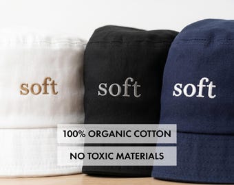 Soft Embroidered Bucket Hat | 100% Organic Cotton Twill | Quiet Luxury Minimalist Sun Embroidery Hat | Clean Girl Aesthetic Summer Accessory