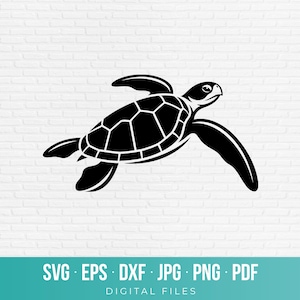Pode incluir: Uma silhueta gráfica preta de uma tartaruga marinha a nadar, com um padrão de carapaça detalhado e barbatanas. A imagem inclui o texto G DESIGN no canto superior esquerdo e SVG, EPS, DXF, JPG, PNG, PDF, DIGITAL FILES na parte inferior.