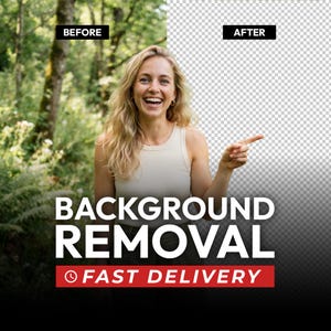Pode incluir: Um gráfico digital que mostra uma comparação de antes e depois da remoção de fundo. A imagem apresenta uma pessoa sorridente com uma regata cor de creme apontando para a direita, com o texto "BACKGROUND REMOVAL" e "FAST DELIVERY".