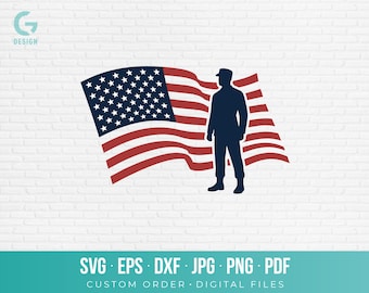 Military Soldier SVG PNG Cut File American Flag Vector Graphic Patriotic Veteran Shirt Decal USA Hero Decor Art Download dxf eps pdf