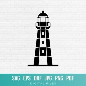 May include: A black silhouette graphic of a lighthouse featuring a lantern room at the top, a gallery deck, and a tapered tower with three small rectangular windows. The design includes the text G DESIGN in the top left and SVG EPS DXF JPG PNG PDF DIGITAL FILES at the bottom.