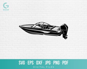 Speedboat SVG PNG Cut File Cricut Silhouette Outboard Boat Vector Graphic Lake Life Shirt Decal Powerboat Decor Art Download dxf eps pdf