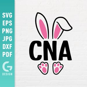 May include: A black and white graphic design of a bunny with pink ears and the text "CNA" below. The bunny has two pink paw prints below the text.