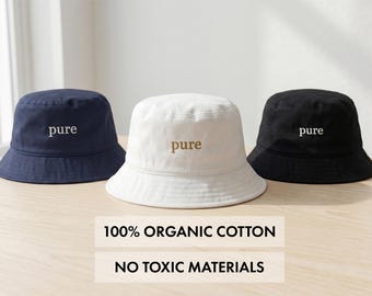 Pure Embroidered Bucket Hat | 100% Organic Cotton Twill | Quiet Luxury Minimalist Sun Embroidery Hat | Clean Girl Aesthetic Summer Accessory