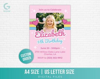 Custom Retro Cartoon Birthday Invitation, Y2K Aesthetic Photo Invite, Cute Pastel Girl Party Flyer, Made to Order Printable A4 US Letter
