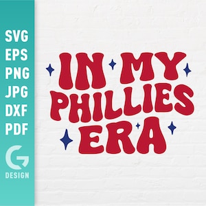 May include: Red and blue graphic text design with the words "In My Phillies Era" with stars on either side of the text.