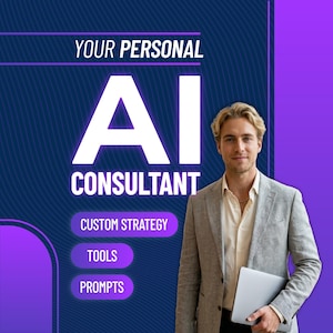 Może przedstawiać: Profesjonalna grafika z tekstem YOUR PERSONAL AI CONSULTANT, CUSTOM STRATEGY, TOOLS oraz PROMPTS na ciemnoniebieskim i fioletowym tle, obok osoby w jasnoszarej marynarce i kremowej koszuli trzymającej laptopa.