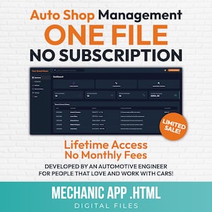 Puede incluir: Una interfaz de panel de control digital para la gestión de talleres mecánicos mostrada en una pantalla. El texto incluye Auto Shop Management, ONE FILE, NO SUBSCRIPTION, Lifetime Access, No Monthly Fees y MECHANIC APP .HTML DIGITAL FILES.