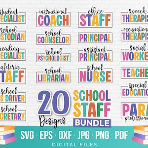 Könnte beinhalten: Eine digitale Sammlung von 20 Etiketten für Schulpersonal mit Titeln wie Student Specialist, Coach, Office Staff, Speech Therapist, Custodian, Counselor, Principal, Psychologist, Assistant Principal, Social Worker, Cafeteria Staff, Librarian, Nurse, Teacher, Bus Driver, Secretary, Special Education und Paraprofessional in bunter Typografie.