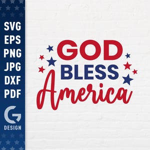 Pode incluir: Gráfico vermelho, branco e azul com o texto "GOD BLESS AMERICA" e estrelas.