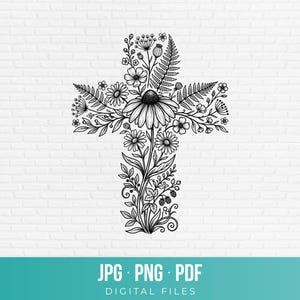 Pode incluir: Uma ilustração de arte linear em preto e branco de uma cruz composta por vários elementos botânicos, incluindo margaridas, fetos, bagas e flores silvestres. O design apresenta detalhes florais intrincados dispostos numa forma de cruz vertical e horizontal.