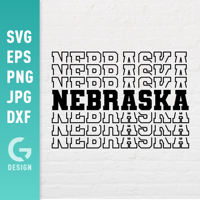 Op de afbeelding: Zwart-wit grafisch ontwerp van het woord "NEBRASKA" dat meerdere keren in een gestapelde vorm wordt herhaald.