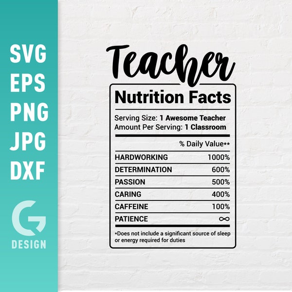 Teacher Nutrition Facts SVG File Png Jpg, Dxf, Easy to Cut Files, Teacher Nutrition Label Cutting File for Cricut Silhouette, Digital File