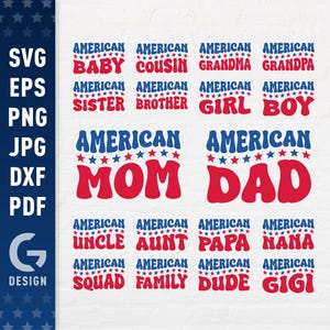 Ensemble familial américain SVG, 4 juillet Png, tenues assorties, maman, papa, grand-mère, bébé, tante, fichiers de découpe par sublimation, Cricut, Silhouette