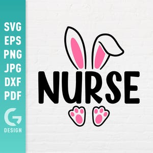 Puede incluir: Un diseño gráfico en blanco y negro de un conejo con orejas y patas rosas. La palabra "NURSE" está escrita en negro debajo del conejo.