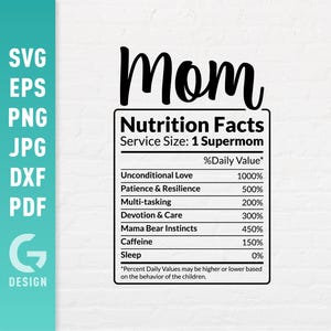 Valeurs nutritionnelles pour maman SVG, cadeau amusant pour la fête des mères, vie de maman, super maman, maternité, bricolage de mai, fichiers faciles à découper pour Cricut Silhouette