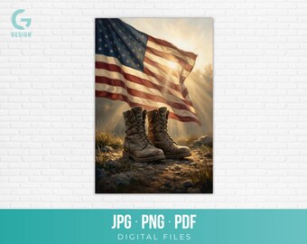 Military Boots Art Printable Combat Boots American Flag Painting Veterans Day Sunset Poster Sublimation Graphic Download jpg png pdf