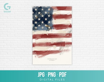 Watercolor American Flag Wall Art Printable Veterans Day November 11 Poster Painting Sublimation Design Digital Download Art jpg png pdf