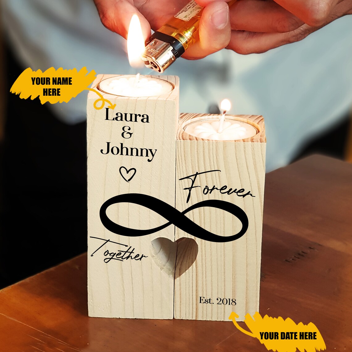 Personalized Wooden Candle Holder Custom Engraved Names Etsy
