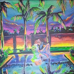 May include: A vibrant painting depicts a couple kissing near a pool, framed by palm trees and a colorful sunset. The artwork features bright hues of blue, green, pink, and orange, creating a romantic and tropical scene. The couple's reflection is visible in the water.