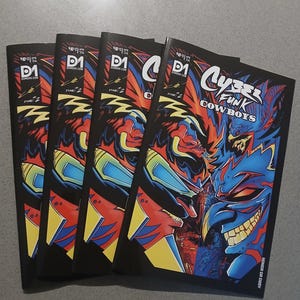 May include: Four identical comic books titled Cyber Funk Cowboys Issue 2. The cover features a vibrant illustration of a blue and red character with a sharp grin, bold black outlines, and the text D1 and Domorr.com printed in the upper left corner.