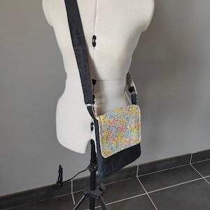 black denim and floral cotton shoulder bag