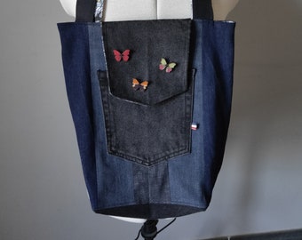 sac jean recyclé, porté épaule, surcyclage noir et bleu