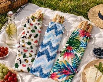 Washable coated cotton sandwich bag – Reusable food pouch – Zero waste packaging – Half baguette bag – Handmade in France