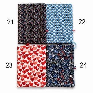 May include: Four rectangular fabric covers labeled 21 through 24. Number 21 has a black paisley print. Number 22 features a blue and white fan pattern. Number 23 displays red and pink heart faces on white. Number 24 shows a dark blue floral print.