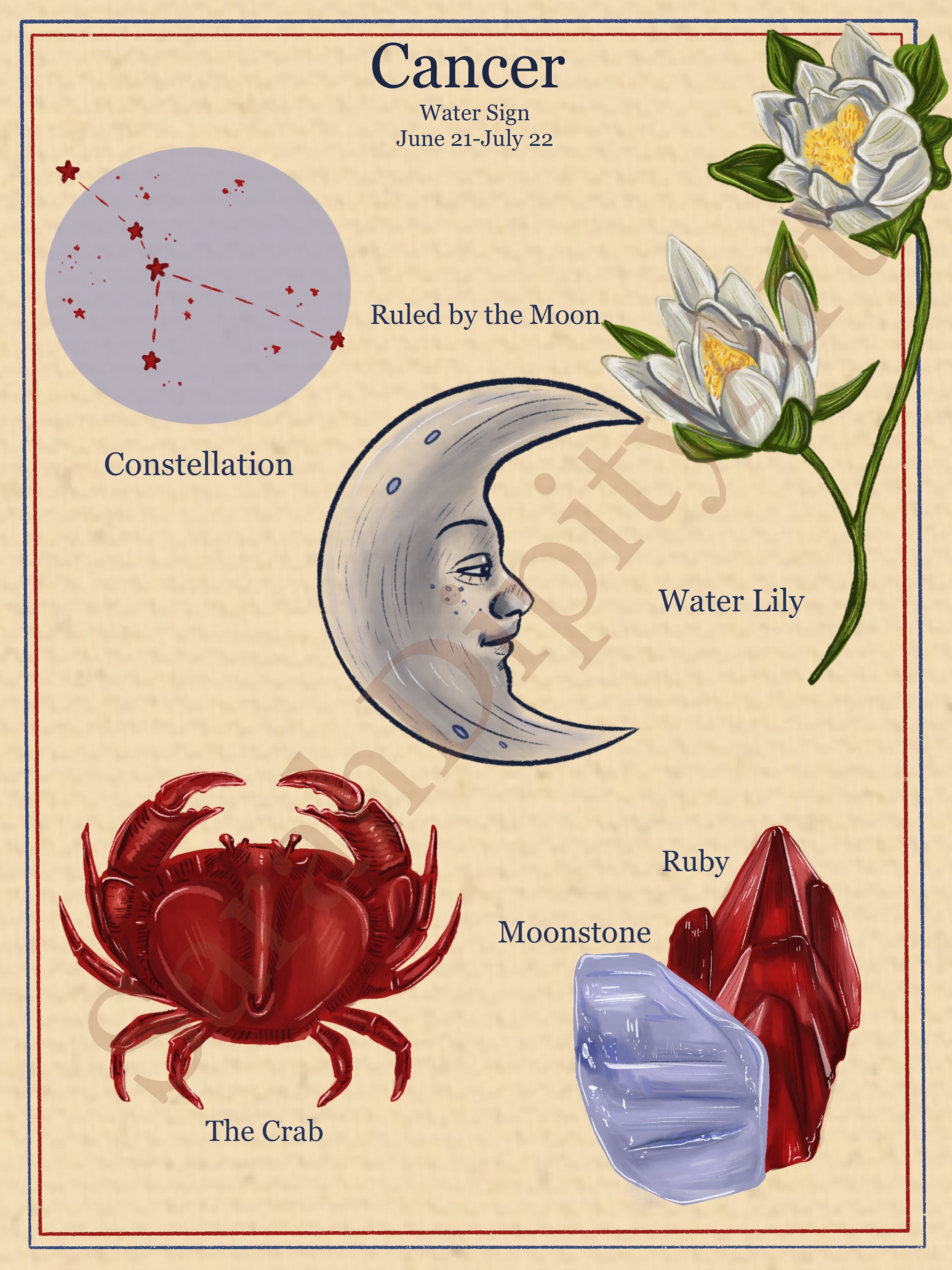 Zodiac Astrology Vintage Style Digital Poster Cancer Etsy