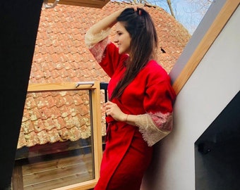 Peignoir en lin rouge coquelicot Peignoir femme Vêtements d'intérieur Linge lavé à la pierre Peignoir en dentelle naturel