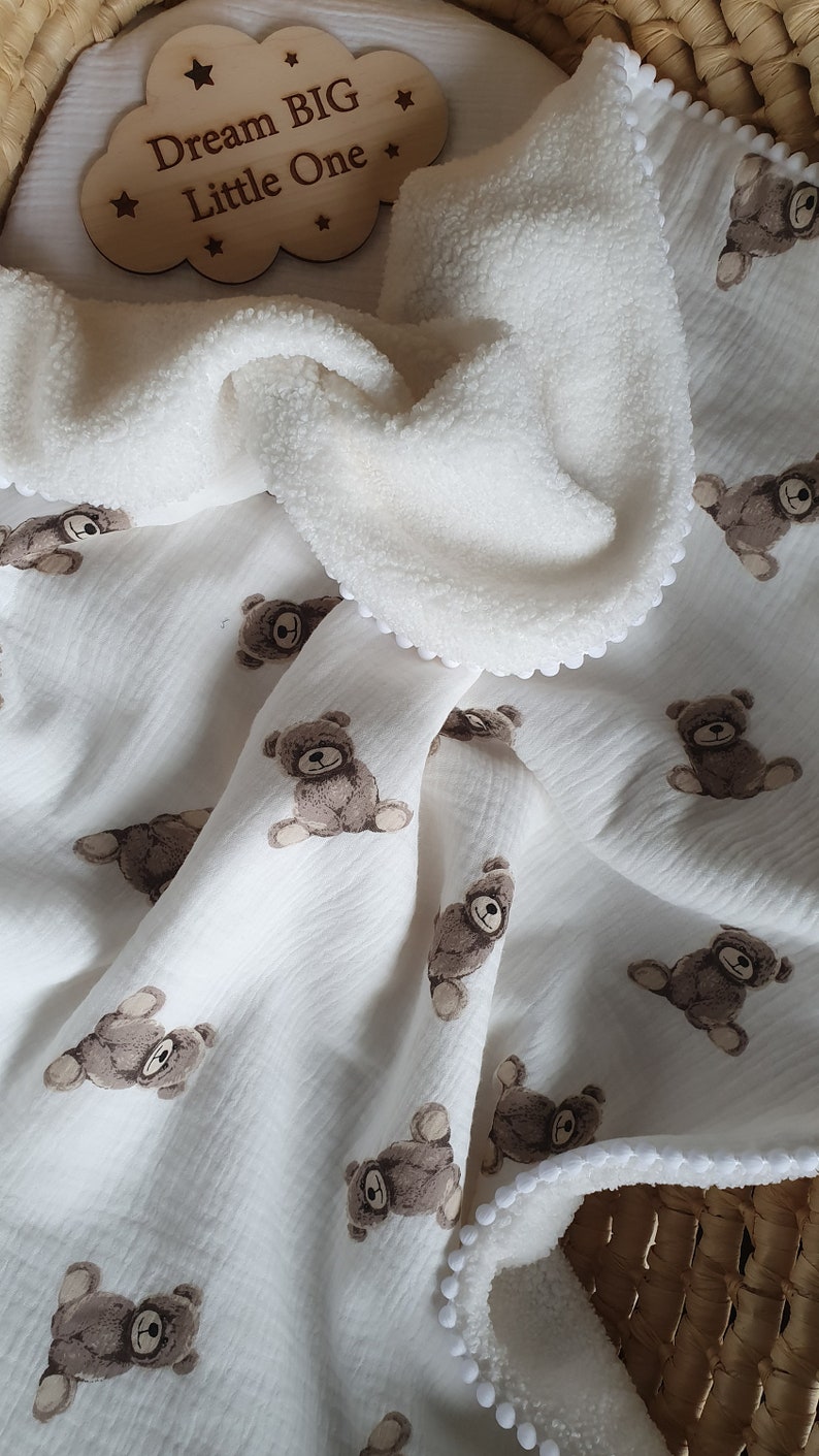 Warm baby blanket, Fleece Muslin blanket, Teddy Bear blanket ,Soft and cuddly swaddle, Baby shower gift , Infant blanket, baby crib blanket image 3