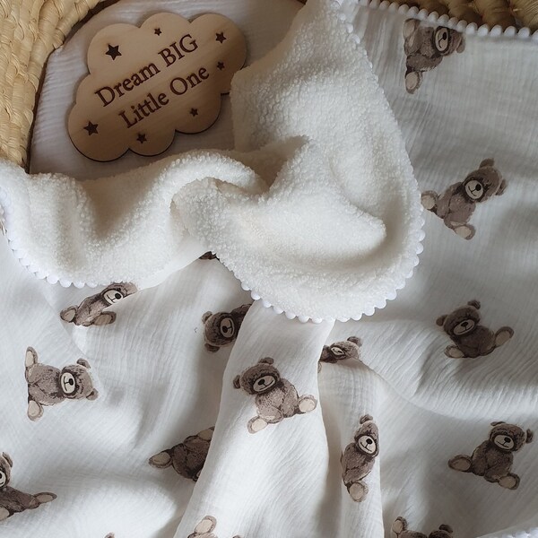 Warme babydeken, fleece mousseline deken, teddybeer deken, zacht en knuffelig inbakeren, baby shower cadeau, babydeken, babywiegdeken