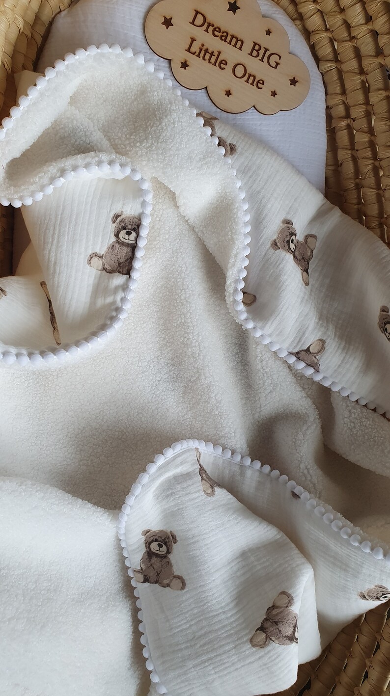 Warm baby blanket, Fleece Muslin blanket, Teddy Bear blanket ,Soft and cuddly swaddle, Baby shower gift , Infant blanket, baby crib blanket image 4