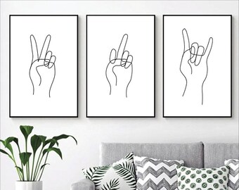 One Line Wall Art -Set of 3 Prints - Printable Home Décor - Modern art one line hand gestures - minimalist posters black and white