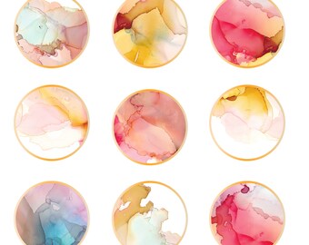 Pink Yellow Alcohol Ink | Circle Clipart | colorful ink circle border frame | Nine Designs Included| PNG & JPG, Instant download