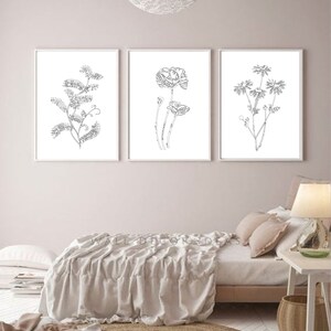 Line Art Wall Art -Set van 3 Prints - Afdrukbare Home Decor - Moderne kunst wilde bloemen - minimalistische tekeningen zwart-wit