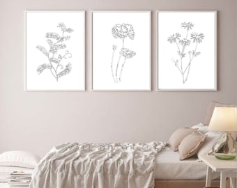 Line Art Wall Art -Set of 3 Prints - Printable Home Décor - Modern art wild flowers - minimalist drawings black and white