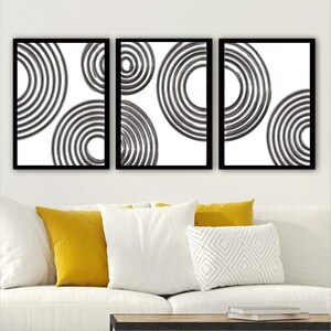 Mid Century Modern Geometric Ink Circles Set of 3 Prints, Digital Abstract Contemporary Print, Geometric Line Wall Art Set, Black and White