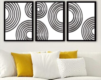 Mid Century Modern Geometric Ink Circles Set of 3 Prints, Digital Abstract Contemporary Print, Geometric Line Wall Art Set, Black and White