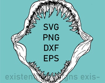 Hand Drawn Shark Jaws SVG Png Dxf Eps - Great White Shark Jaws Cut File - Shark Teeth - Instant Svg Download Transparent Background Clip Art
