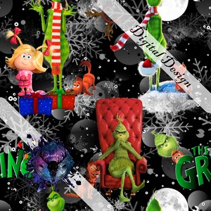 Pode incluir: Um design digital com personagens de uma história de Natal. O Grinch está sentado numa cadeira vermelha, rodeado por outras personagens e flocos de neve num fundo preto. As palavras "Digital Design" são visíveis.