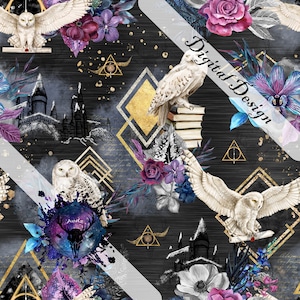 May include: A seamless pattern featuring white owls, stacks of books, and golden geometric shapes on a dark gray background. The pattern also includes watercolor flowers in shades of purple, blue, and pink, as well as a sketch of Hogwarts castle. The text "Digital Design" appears in white on a black diagonal stripe.