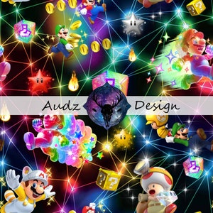 May include: A colorful, digital illustration featuring characters from the Super Mario video game franchise. The characters are set against a black background with a network of glowing lines and stars. The illustration includes Mario, Luigi, Toad, and other characters.