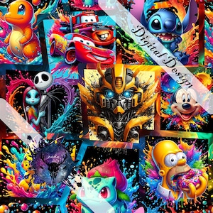 May include: A vibrant, colourful digital design featuring a collage of cartoon characters including Charmander, Lightning McQueen, Mater, Stitch, Jack Skellington, Sally, Bumblebee, Mickey Mouse, Homer Simpson, and Bulbasaur. The words "Digital Design" are visible.