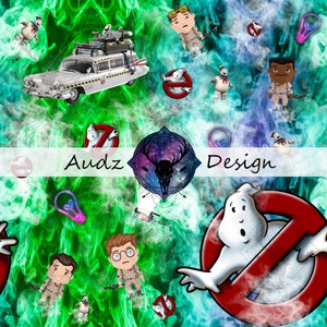 May include: A colourful digital illustration featuring a white ghostbuster car, a ghost with a no ghost sign, and cartoon characters in green and blue smoke.