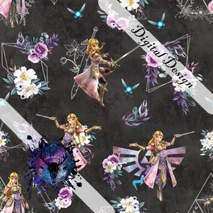 May include: A seamless pattern featuring a video game character, flowers, and geometric shapes on a dark gray background. The character is a female warrior with blonde hair and a pink dress. The flowers are white, purple, and pink. The geometric shapes are triangles and squares.
