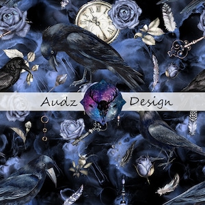 May include: A seamless pattern featuring black ravens, blue roses, antique keys, feathers, and a vintage clock on a dark blue background with a white banner that reads "Audz Design".