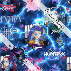 May include: A digital pattern featuring a dark blue background with electric blue lightning effects, anime-style character portraits, the text "HUNTRIX" and "Saja Boys," a circular deer skull graphic, and a small blue cat illustration.